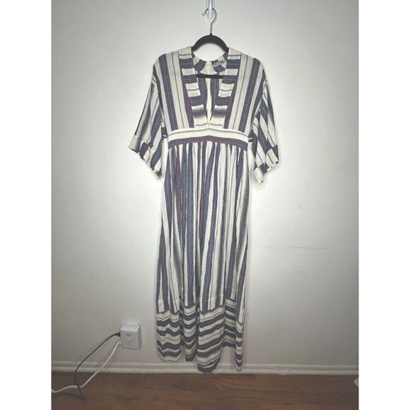 Three Graces London Ferrer Tan Blue Red Stripe Short Cuff Sleeve V-Neck Dress 10 - Picture 5 of 16